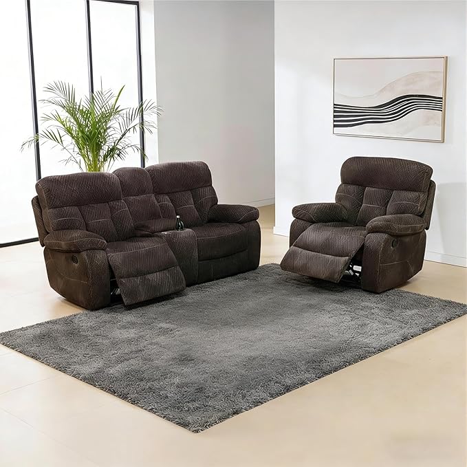 Manual Recliner SofaFlanne Reclining Living Room Furniture SetDouble Recliner Loveseat with Storage ConsoleSingle Reclining Chair for House/Office/Loft/RV/Apartment(Brown Flanne2+1)