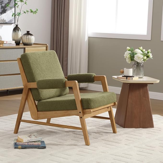HEAH-YO Modern Accent Chair Set of 2 Upholstered Boucle Fabric Living Room Chair with Wooden Frame Comfy Armchair with Thick Cushion for Bedroom Balcony Green