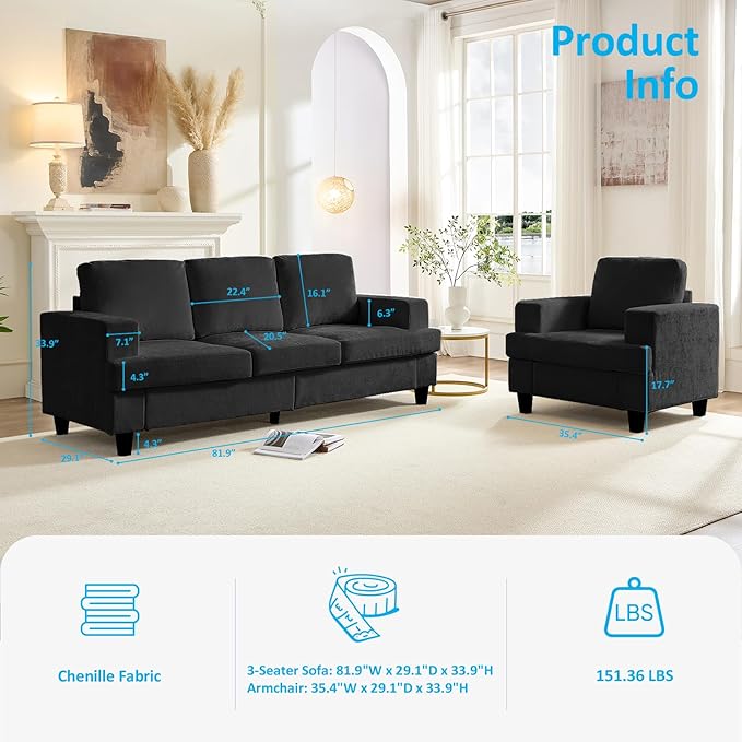 Mjkone 2 Piece Living Room Sofa Set 3 Seater Sectional Sofa Couch and Chair Sets 82 Width Chenille Sectional Couch Furniture Sets Modular Sofas Couches for Living Room Home Office Dark Grey