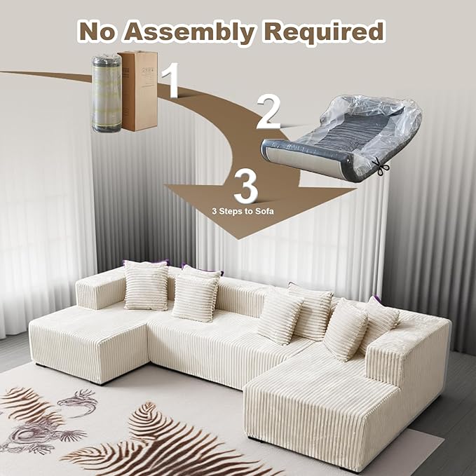 130'' U Shaped Couched for Living Room Cloud Modular Sectional Couch with 2 Chaise Lounge Modern Minimalist Upholstered Sofa Sleeper Deep Seat Corner Couch No Assembly Required Beige