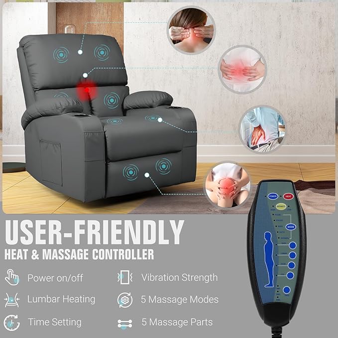 LEVELEVE Rocking Recliner Chair Massage Rocker Recliner Chair with Vibration Massage and Heat 360° Swivel Recliner Chairs Living Room Bedroom Nursery RV Dark Grey
