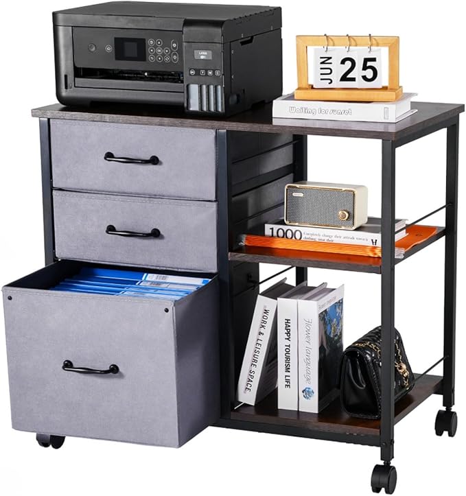 Hassyee Mobile Metal File Cabinet with 3 Fabric Drawers and 2 Open Shelves Multifunctional Office Spacious Storage Cabinet Assembly Required
