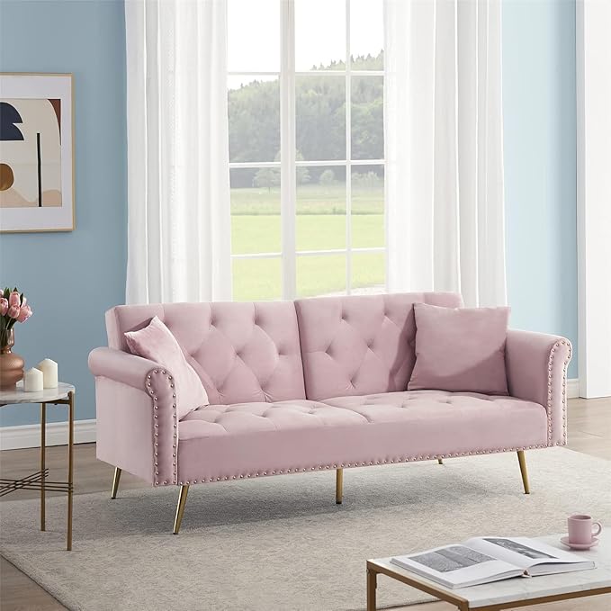 69.7'' Convertible Velvet Sleeper Sofa Bed Upholstered Futon Couch with Nail Head Trim and 2 Matching Throw Pillow for Living Room Bedroom Home Office (Pink)