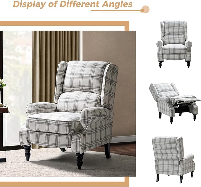 HULALA HOME Upholstered Wingback Recliner Chair Small Adjustable Footrest Push Back Single Reclining Sofa Mid Century Modern Lounge Armchair for Living Room Bedroom Reading/Plaid Grey