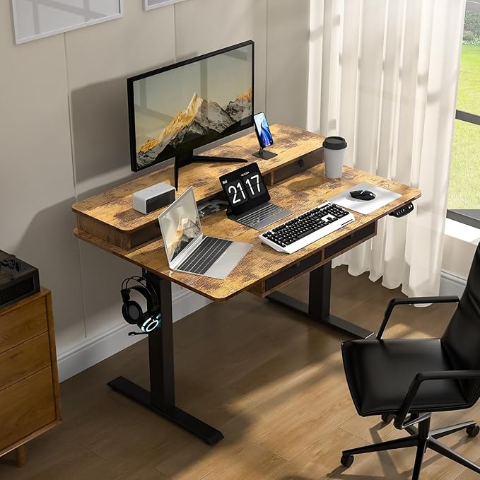 48 * 30 Inches Electric Standing Widened Desk Adjustable Height with 4 Drawers Double Storage Shelves Stand Up Desk Home Office Workstation Sit Stand up Desk (Rustic Brown)