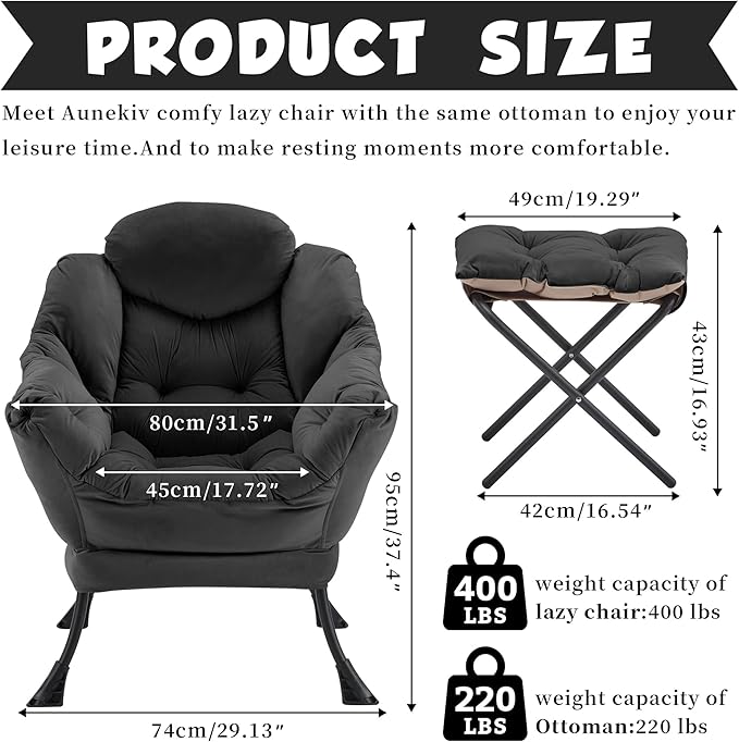 Lazy Chair with Ottoman Comfy Accent Lounge Chair with Side Pocket Modern Reading Armchair with Footrest Upholstered Sofa Chair for Small Spaces Bedroom Living Room Dorm Black