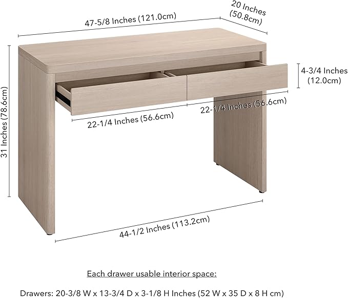 Henn&ampHart 48 Modern Rectangular Wooden Home Office Desk Computer Desk Writing Table with 2 Storage Drawers for Home Office Beech White