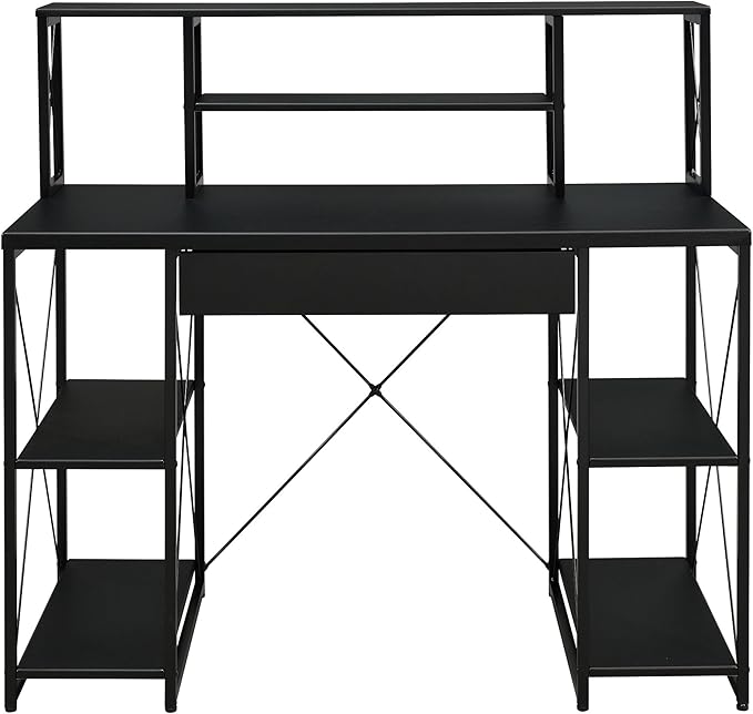 Penau Black Office Desk with Open Shelves and Hutch Writing Desk with Metal Frame Sturdy Surface for Studio Equipment 1 Drawer 8 Open Compartments