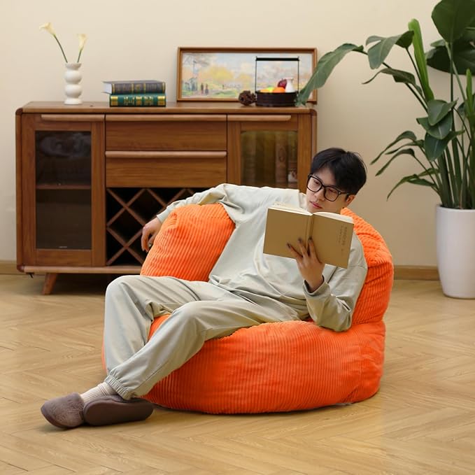 N&ampV Large Crescent Bean Bag Chair Adult Size Bean Bag Sack Foam Filling Soft Premium Corduroy Bean Bag for Living Room Bedroom Dorm and Office (Tangerine)