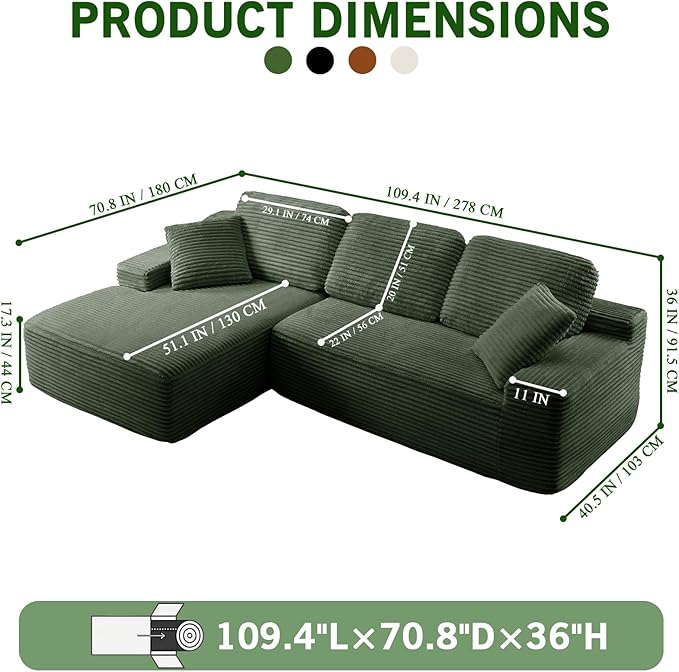 109.4” Modular Sectional Sofa Convertible Sofa Bed No Assembly Required Cloud Couch with Deep Seat Modern L-Shaped Boneless Sofa for Living Room (Green)