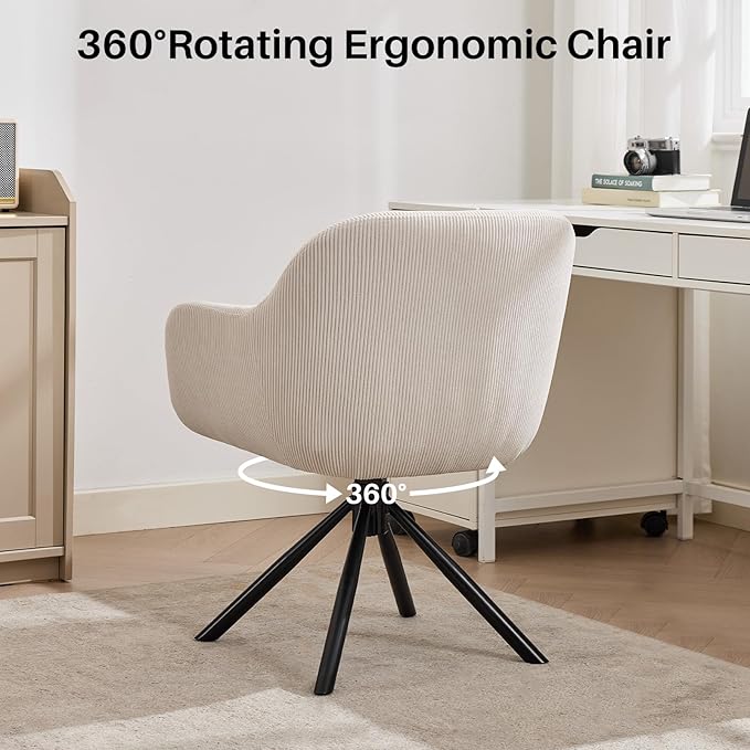 Modern Office Desk Chair Swivel Accent Chair No Wheels Fabric Upholstered Arm Chair Ergonomic Swivel Vanity Chair with Mid Back Arm Chair for Living Room Bedroom Home Office Beige