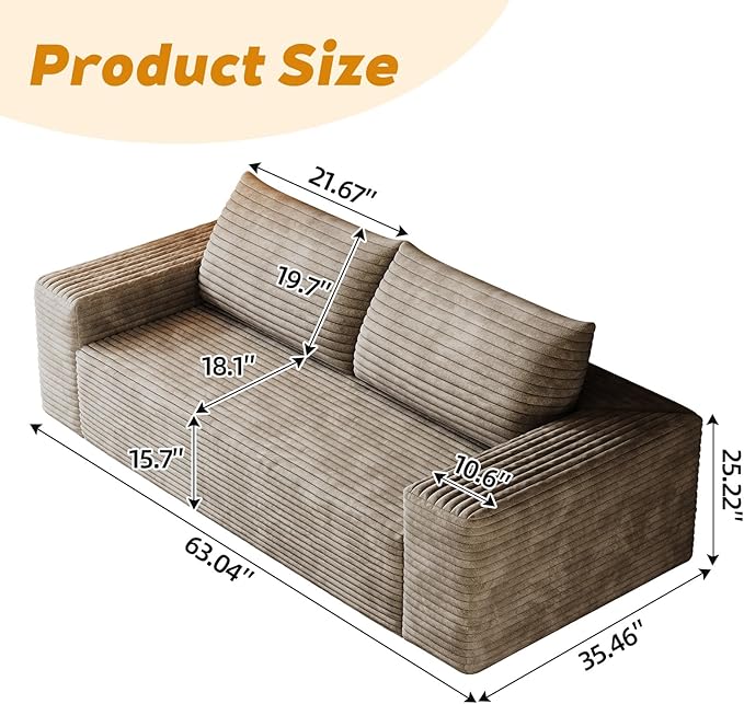 63 Sofa in a Box Compressed Boneless Couch with Wide Armrests &amp 2 Cushions Cloud loveseat Sofa for Living Room Memory Foam Deep Seat Corduroy Fabric No Assembly (Camel 2)