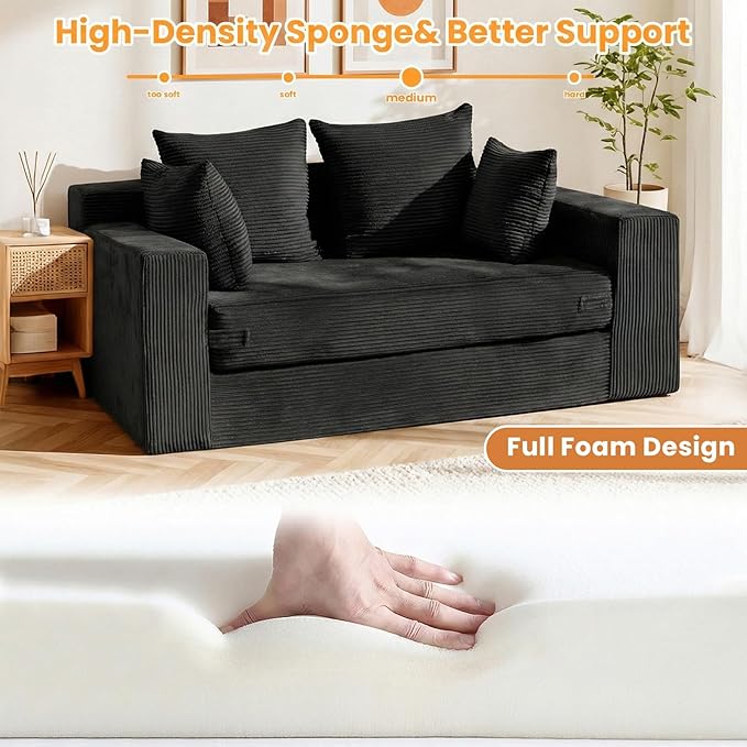 55 Small Boneless Couch 3-in-1 Boneless Loveseat Sleeper Sofa Bed Convertible Sofa Bed with 4 Pillows Black Corduroy Boneless Couch for Living Room Guest Room Small Space No Assembly Required