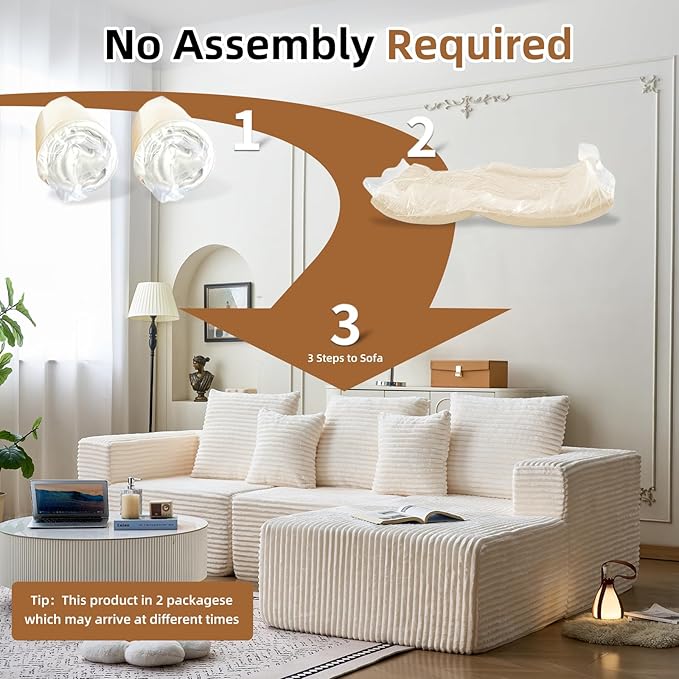 108'' Boneless Couch Sectional Boneless Couch w/Deep Seat Cloud Boneless Couches w/Stripe&amp Flannel Fabrics Boneless L Shaped Couches for Living Room Right Facing Chaise Beige