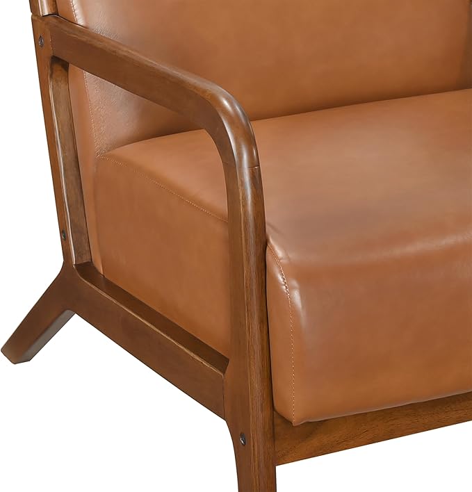 Lexicon Mid Century Modern Accent Chair with Solid Wood Frame and Legs Upholstered Living Room Chairs Comfy Club Chair Faux Leather Armchair for Living Room Bedroom Office Waiting Room Cognac Tan