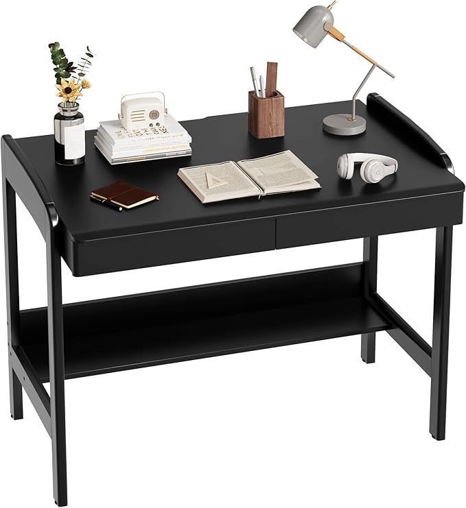 100% Solid Wood Desk with Drawers - 40 Inch Simple Modern Desks Writing Desk with Drawers &amp Shelf Work Study Table Adjustable Height Home Office Computer Desks - Black