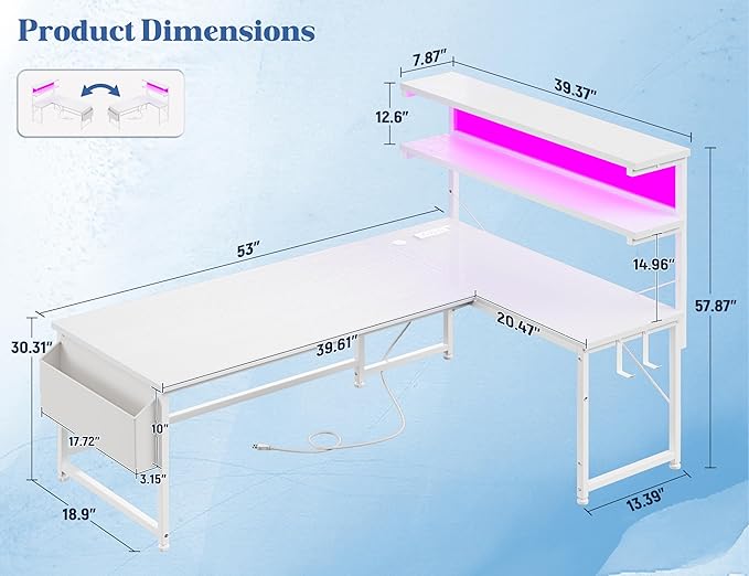 L Shaped Desk Computer Desk with LED Light &amp Power Outlet 53 Inch Reversible L Shaped Gaming Desk with Shelf &amp Storage Bag &amp Hook for Home Office White