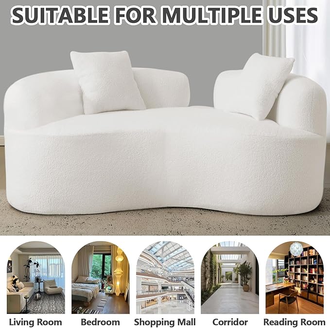 67 White Curved Loveseat Sofa with 2 Pillows Boneless Curved Couch with Round Armrest Cloud Sofa for Living Room Bedroom Small Spaces Teddy Modern Compressed No Assembly (White-1)