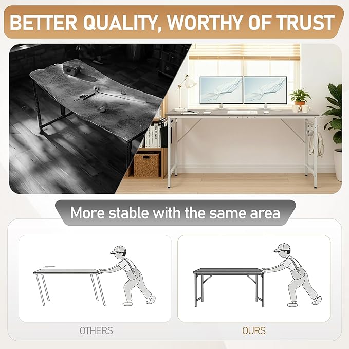 VINGLI 63 Inch Computer Office Modern Simple Gaming Desk with Side Fabric Drawer &amp Hook Up Wear-Resistant Surface Writing Desk Work Desk for Bedroom Living Room Oak Grey