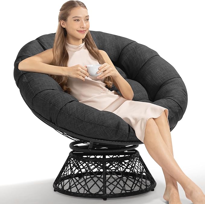 Bme 40 Ergonomic Wicker Papasan Chair with Soft Thick Cushion &amp Frame 360° Swivel Circle Reading Comfy Chair for Living Room Bedroom
