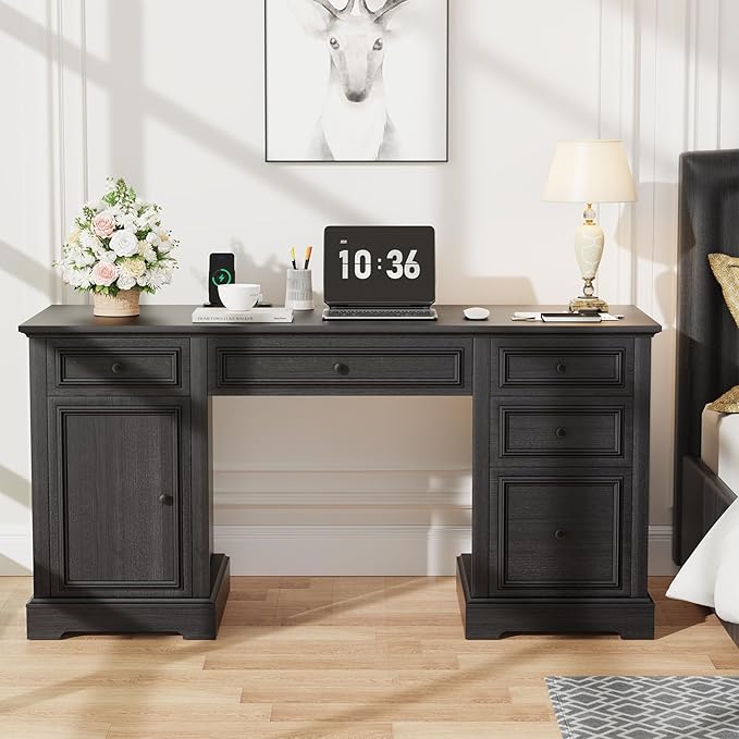 Vipbear 60 Executive Desk Farmhouse Computer Desk with Drawers and File Cabinet Embossed Texture Home Office Desks Workspace for Work Study Writing Black
