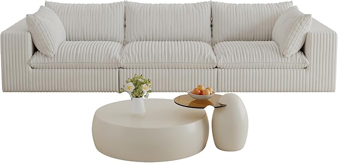Oversized 118 W Corduroy Boneless Couches for Living Room No Assembly Required 3-Seaters Modular Sectional Sofa with Removal Cushion Comfy Plush Upholstered Couch for Apartment/Office (White) | Co