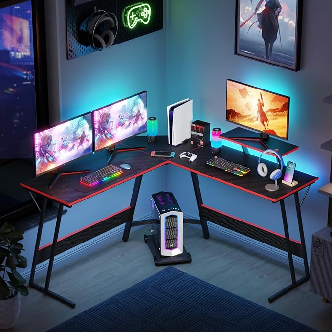 FDW L Shaped 51 Inch Gaming DeskCorner Computer DeskPC Gaming DeskWriting Workstation with Large Monitor Stand for Home OfficeBlack