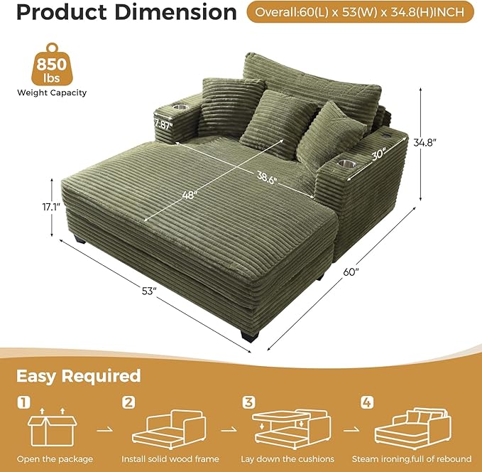 60 Chaise Lounge Indoor Upgraded Oversized Plush Faux Fur Sleeper Sofa Bed w/Pillows &amp Wide Armrests Fluffy Upholstered Reading Chairs Cloud Sofa Couches for Living Room Set of 2Green