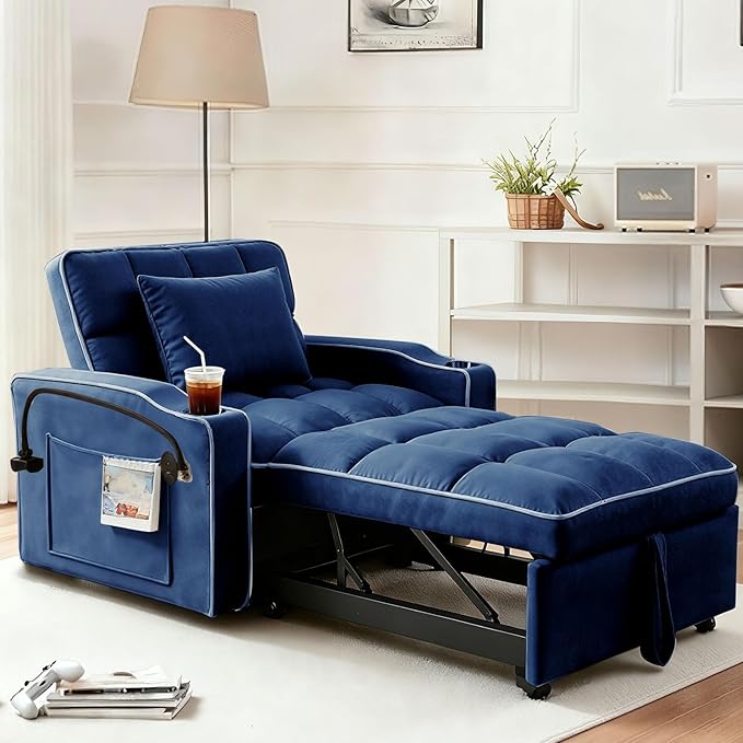 Sleeper Chair Convertible Pull Out Chair Sleeper with Bracket and Cup Holder Chairs Bed Sleepers for Adults 3 in 1 Sofa Bed Chairs for Small Spaces Living Room Blue