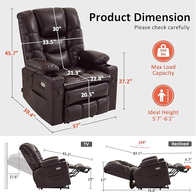 MCombo Large Triple Motor Power Lift Recliner Chair with Massage and Dual Heating Adjustable Headrest for Tall Elderly People Faux Leather 7634 (Dark Brown Large)
