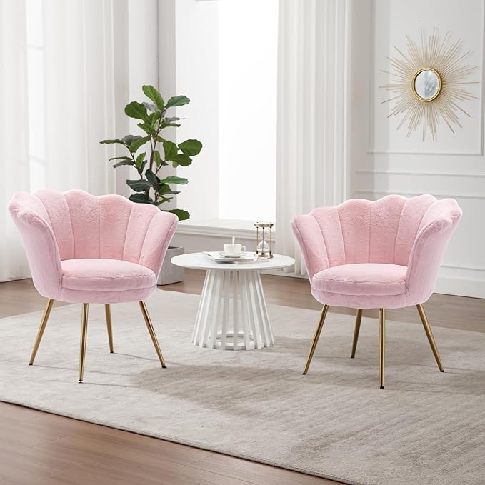 chairus Pink Makeup Vanity Chair with Back Modern Faux Fur Upholstered Small Accent Chair with Gold Metal Legs Cute Shell Shaped Vanity Stool Desk Chair for Living Room Bedroom Dressing Room