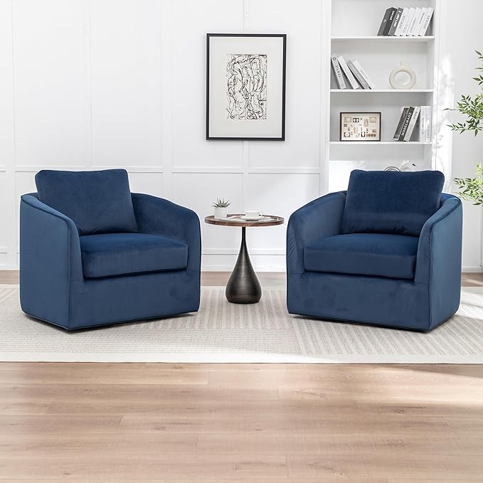 MINCETA Accent Chairs Set of 2 360° Swivel Barrel Chair with High Density Foam Oversized Reading Chair with Performance Fabric Upholstered Armchair for Living Room Bedroom Apartment Navy Blue