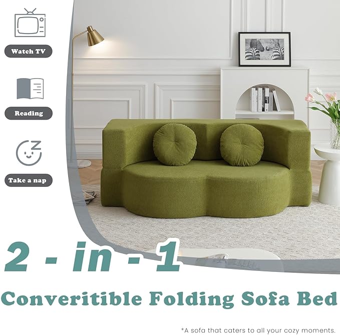 76 Convertible Folding Futon Sofa Bed Queen Sleeper Sofa with Pillow Teddy Fabric Floor &amp Futon Loveseat Couch Foam Folding Mattress Sleeper for Living Room Guest Use Office Apartment(Green