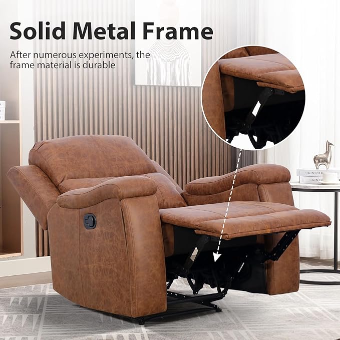 Brown Recliner Chair Single Overstuffed Sofa Recliners Breathable Faux Leather Manual Reclining Chairs with Hidden Cup Holder Arm and Back for Adults Living Room Bedroom Brown