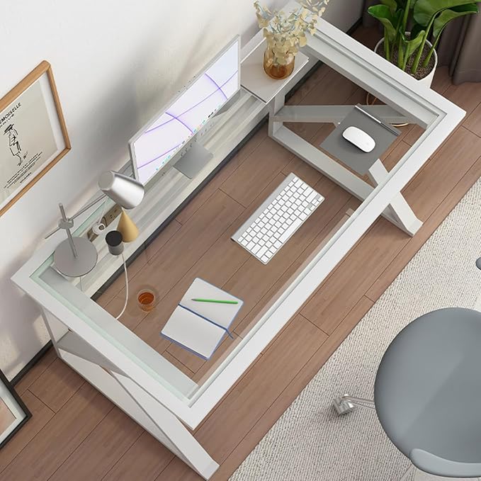 Modern Home Office Desk Tempered Glass Desk with Metal Frame and Clear Glass Tabletop Small Computer Desk for Home Office(47 Inch White)