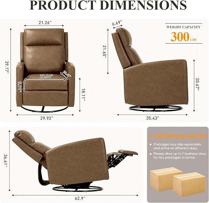 COLAMY Leather Recliner Chair for Adults Swivel Rocker Recliner for Small Spaces Wide Glider Rocking Nursery Chair with Ergonomic High Backrest for Home Living Room Office Bedroom（ Brown）