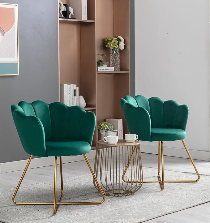 Velvet Accent/Conversation Lounge Chair with Iron Metal Gold Plated Legs Suitable for Office Lounge Living Room Set of 2 Green