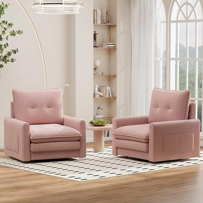Cozy Swivel Accent Chair Modern Oversized Single Sofa with Armrest Comfy Upholstered Armchair Sofa Large Corduroy Accent Chair for Living Room Bedroom Reading Room Pink
