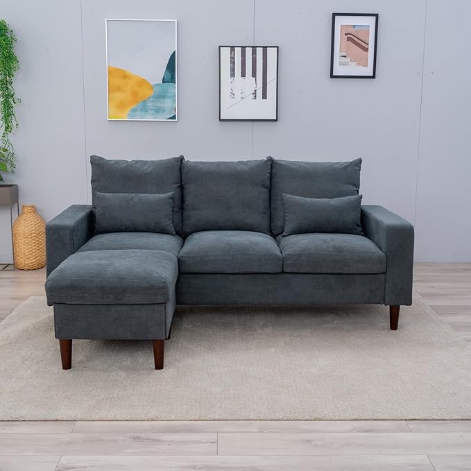 Panana 3-Seat Sofa Couch with Reversible Back Cushions Modern Fabric Sofa 3 Seater Couch for Small Apartment (Grey 3 Seater with Ottoman Stool)