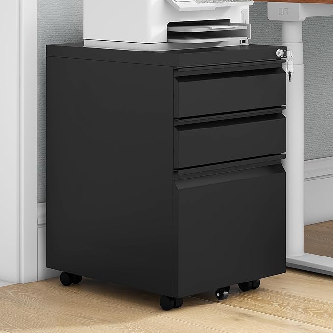 DWVO 3-Drawer Mobile File Cabinet Pre-Assembled Metal Filing Cabinet for Legal/Letter Size Lockable Office Storage with 6 Casters Black