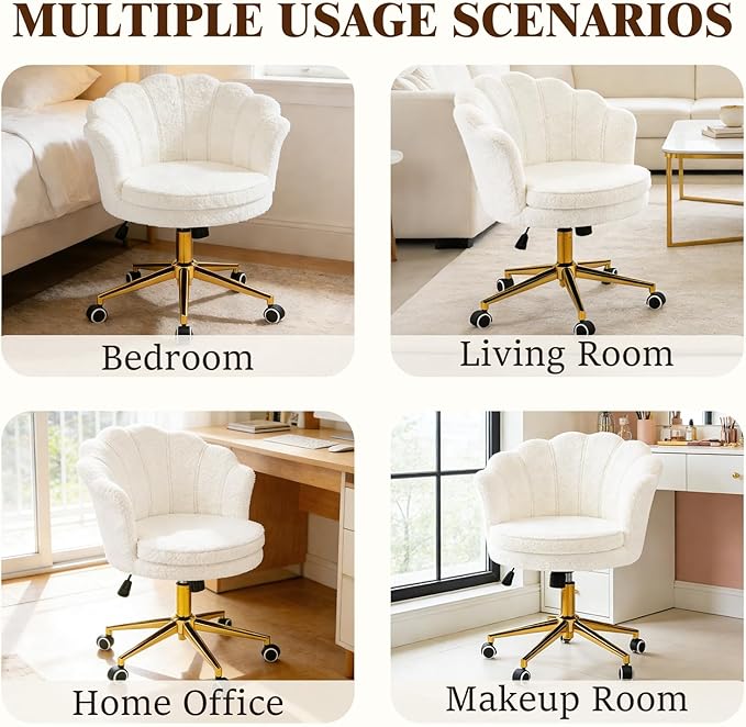 Vanity Chair with Back and Wheels Faux Fur Cute Home Office Desk Chair Upholstered with Gold Base and Petal Arm Comfy Makeup Chair Swivel Adjustable for Task Living Room Bedroom White