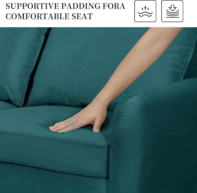 56.1 Round Arm Velvet Loveseat with Side Pockets and a Square Pillow (Dark Cyan) | Side Storage Pockets Pillow Included