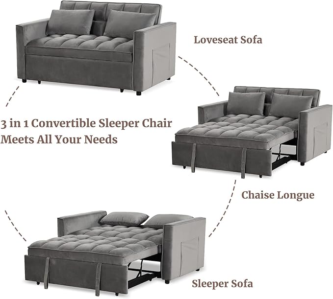 EBELLO 3 in 1 Convertible Sleeper Sofa Bed Modern Loveseat Couch Pullout Bed for Living Room Small Love Seat Lounge Sofa with Reclining Backrest Pillows and Side Storage PocketGrey