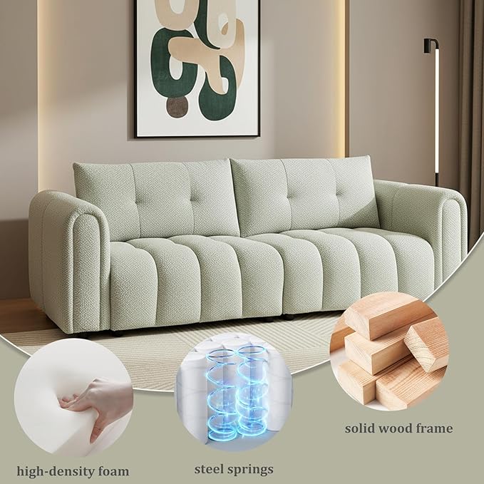 91.5 W Cloud Boucle Sofa for Living Room Modern Comfy Boucle Couch with Rolled Arms and Soft Pillows Cozy Teddy Oversized Loveseat for Apartment Studio Bedroom Sage Green