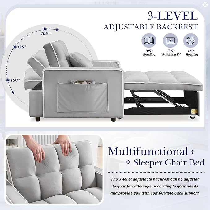 3 in 1 Convertible Sleeper Sofa Chair BedVelvet Tufted Upholstered Pull Out Sleeper Chair with Adjustable Backrest &amp Side PocketsModern Recliner Lounger Bed for Living Room/Office/Small Space(Gr