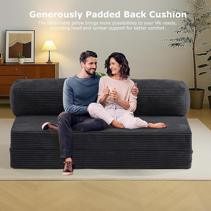 6-inch Folding Mattress Convertible Sofa Bed Foldable Floor Mattress Sleeping Couch with Removable Corduroy Cover &amp Carry Handles High-Density Foam Guest Bed Mattress (Black Queen)