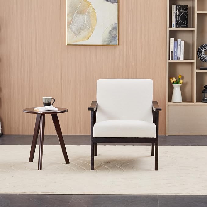 Mid-Century Modern Accent Chair Modern Armchair with High Back Upholstered Armchair with Solid Wood Legs Leisure Lounge Reading Chair for Living Room or Bedroom (Ancient White)