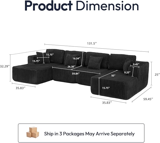 132 U Shaped Couch Modular Sectional Sofa with Chaise Corduroy U Shaped Boneless Couch with Deep Seat Upholstered Modular Cloud Sofa for Living Room No Assembly Required Black