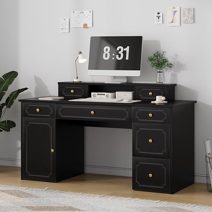 Catrimown Black Desk with 7 Drawers 54 Inch Computer Desk with Cabinet for Work Writing Study Vanity Desk with Golden Handle for Girls Bedroom