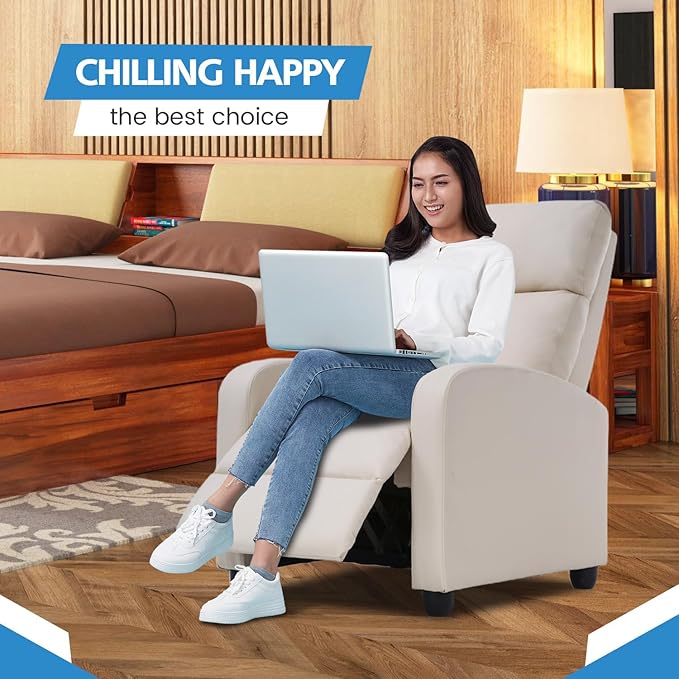 Recliner Chair for Adults Living Room Chairs Reading Chair with Fabric Padded Seat Backrest Modern Reclining Easy Lounge Bedroom Chair Recliner Chair for Bedroom (Beige)